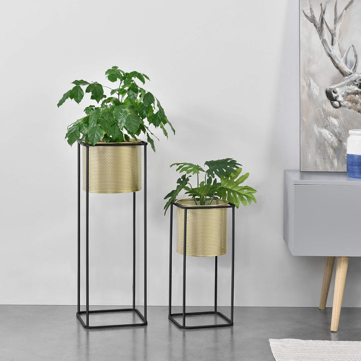[en.casa] Blumentopf Ständer Blumenständer Blumentopfhalter Pflanztopf Deko 2-TLG. Schwarz-Goldfarbe