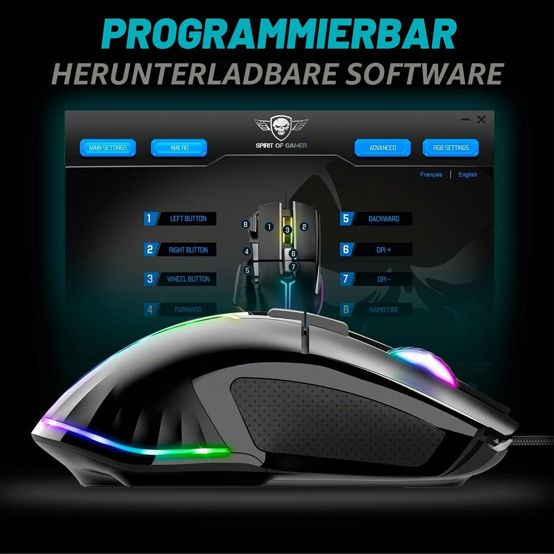 SPIRIT OF GAMER | Gaming Maus PC mit 12800 DPI | RGB Maus mit 8 Programmierbaren Tasten darunter 1 R