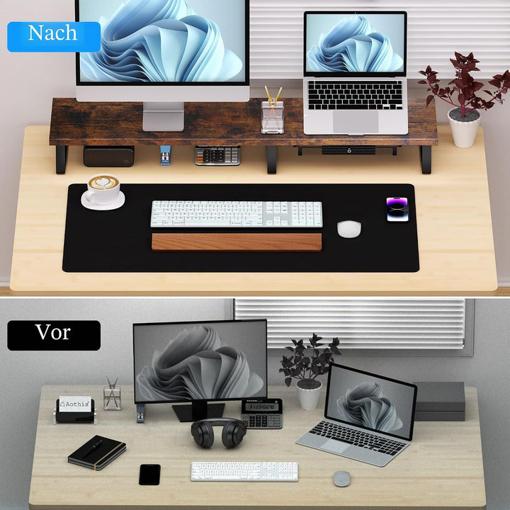 Aothia Vintage Dual Monitorständer aus Holz - Bildschirmerhöhung mit Schublade für Laptop/Computer/P