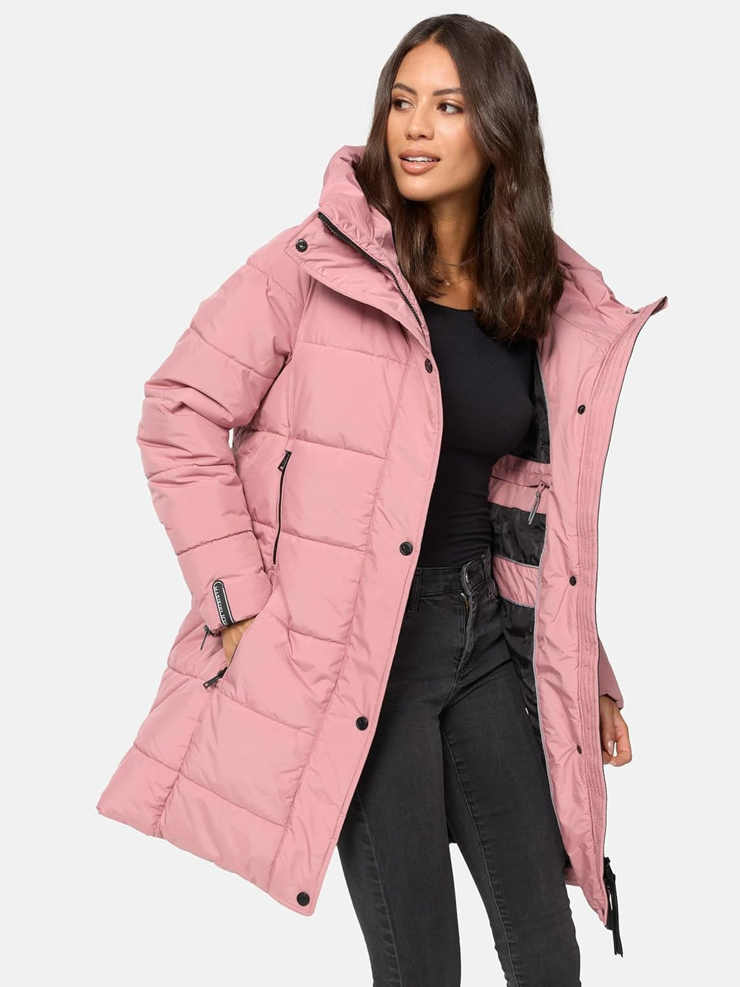 MARIKOO Damen Wintermantel Warmer Steppmantel lang mit Kapuze und hohem Kragen Karumikoo XVI XS-3XL