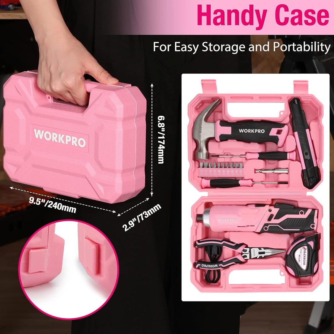 WORKPRO Werkzeugset Rosa pink 18 tlg. mit USB C Akkuschrauber klein, pinker Werkzeugkoffer gefüllt H