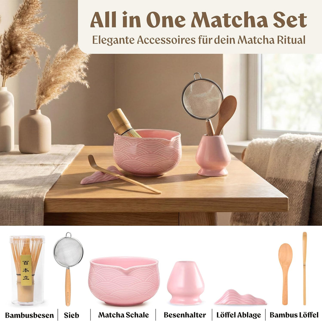 Matcha Set (7 Teilig) Matcha Schale mit Besen, Sieb, Löffel - Einzigartiges Design Ceremonial Grade