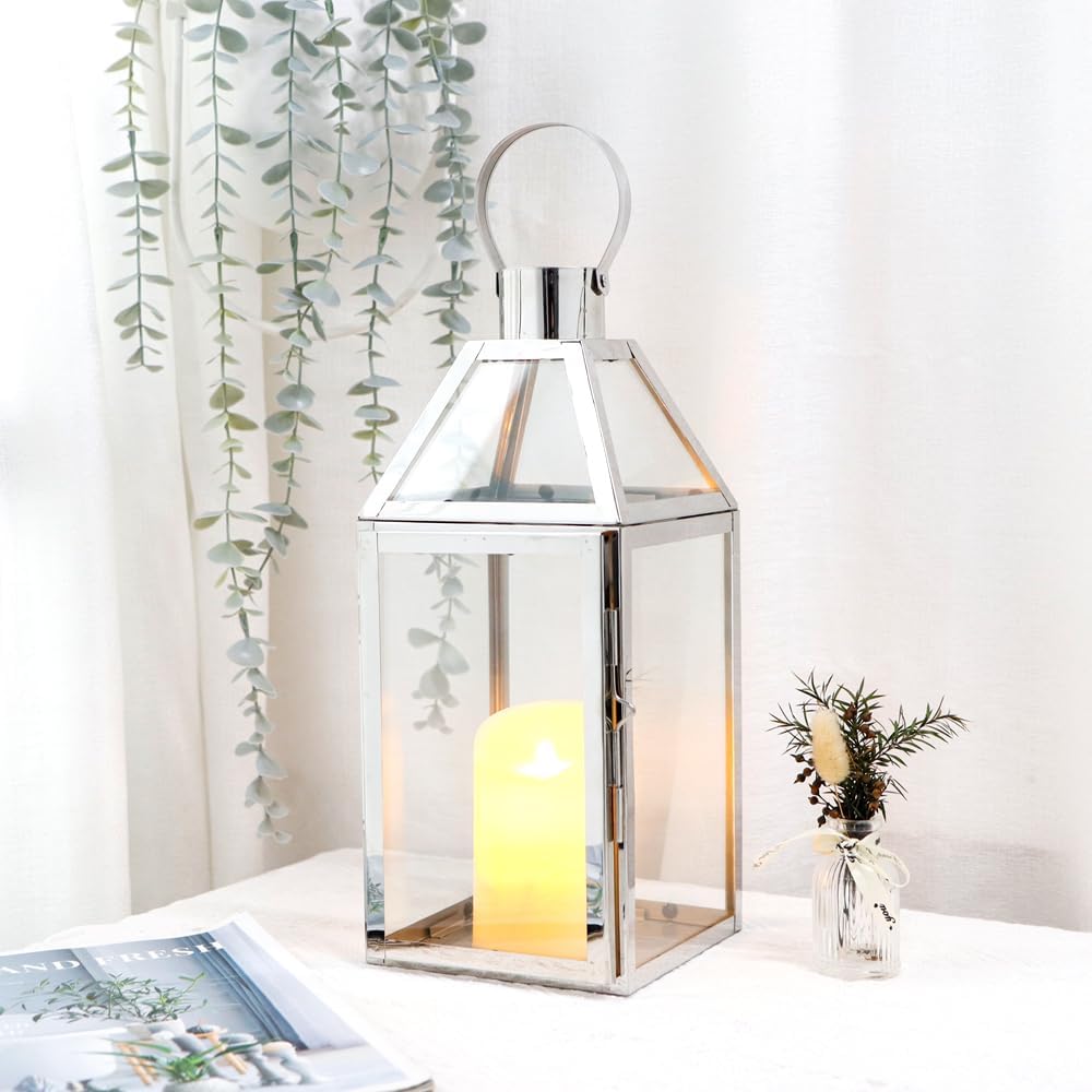 JHY DESIGN Kerzen Laternen, Glas Laternen 34cm Hohe Edelstahl Kerze Windlicht Hängender Kerzenstände