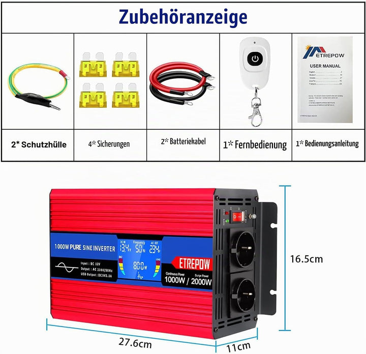 Wechselrichter 1000w 12v auf 230v Reiner Sinus Spannungswandler | 2 EU-Steckdose und Einer 2,1A USB,