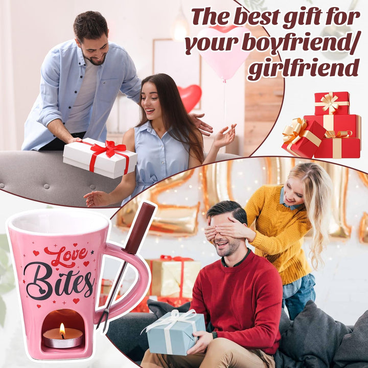 Keramik Schokofondue Tasse Set, 200ml Schoko Fondue Cup, Rosa Schokofondue Tasse mit Gabel und Teeli
