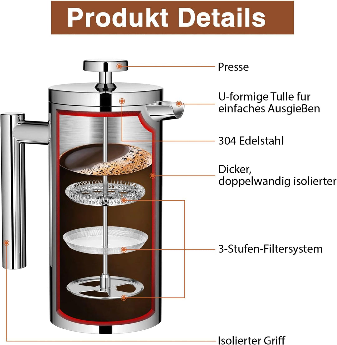 Kaffeebereiter 1000ml, French Press Edelstahl, Kaffeepresse 8 Tassen mit 3 Edelstahlfilter System, D