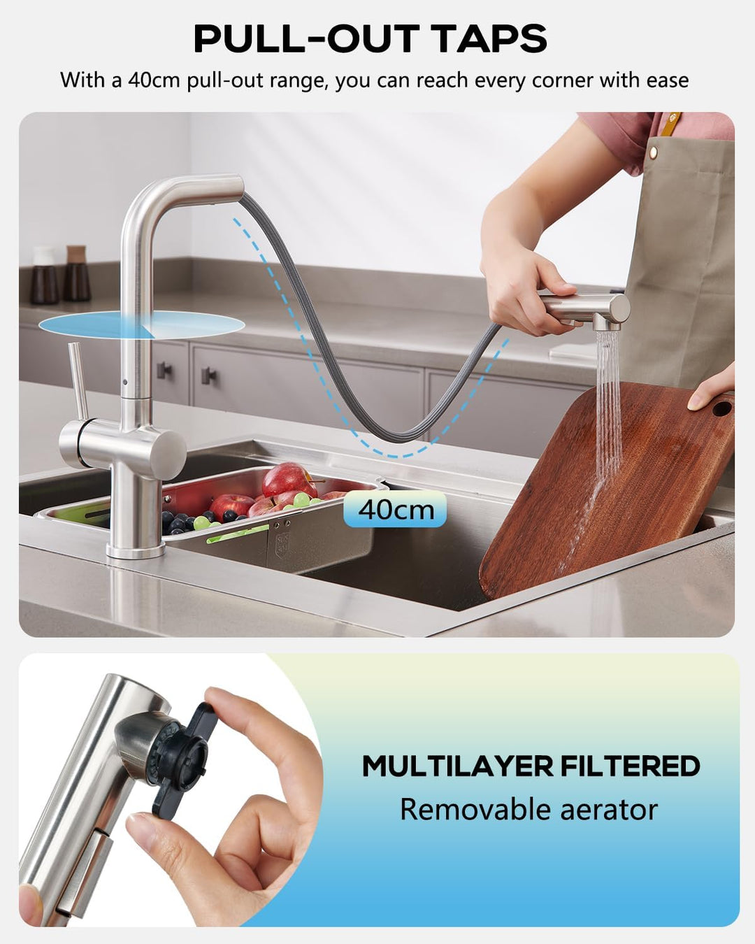 BONADE Wasserhahn Küche Ausziehbar, Hochdruck Küchenarmatur mit Brause 2 Strahlarten, 360° Drehbare