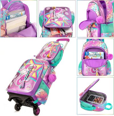 HTgroce Trolley Schulranzen Schulranzen mit Rollen Einhorn Trolley für Mädchen,Schulranzen Mädchen E