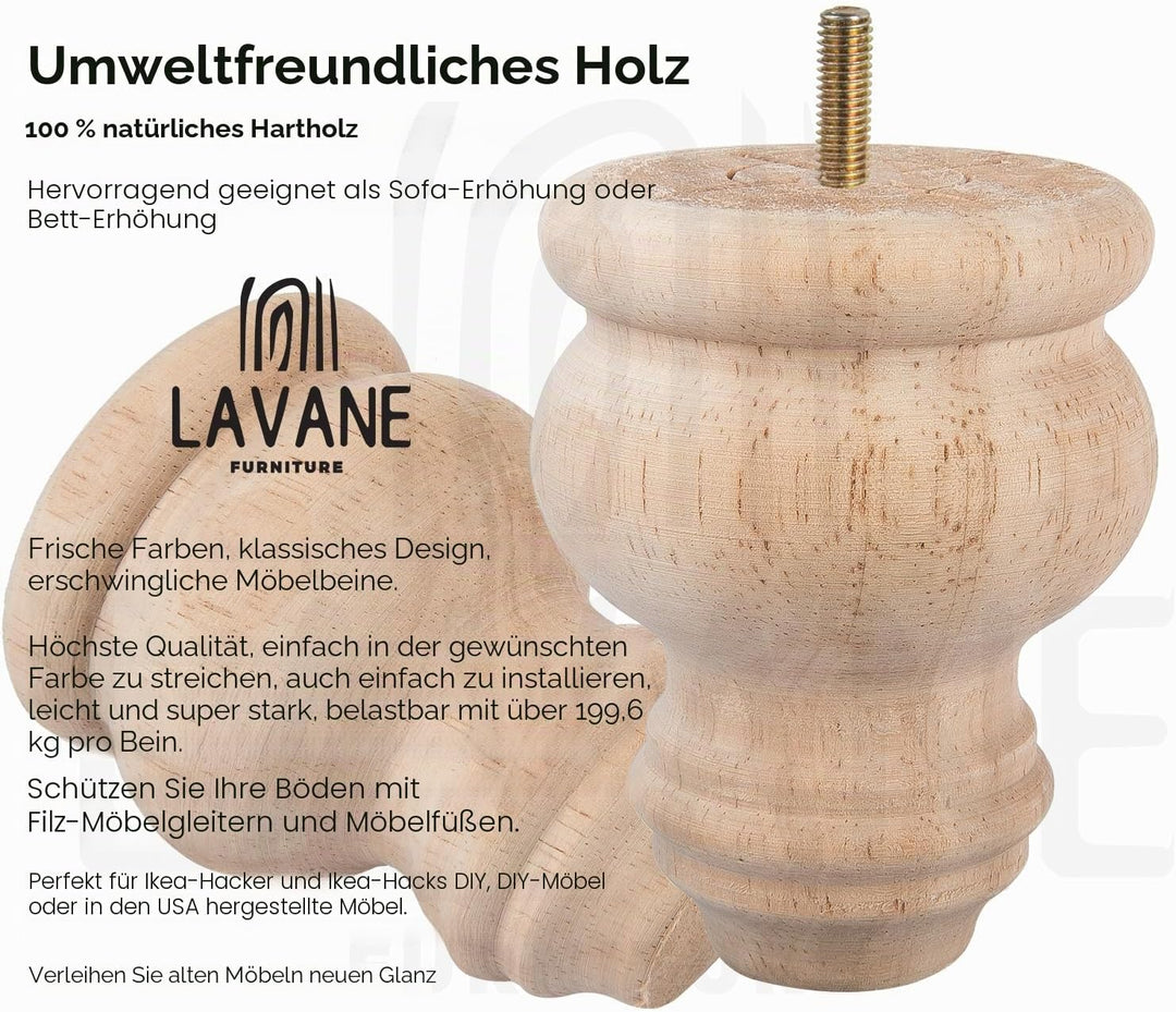 La Vane 4 Stück Möbelfüsse aus Massivholz - 8cm Höhe, Unlackiert, Spindelform mit M8 Bolzen & Montag