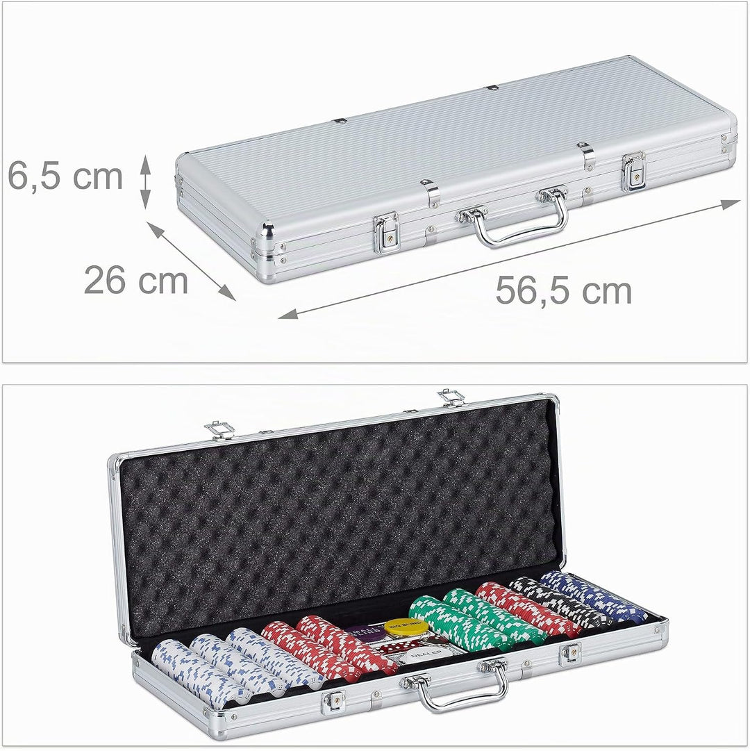 Relaxdays Pokerkoffer, 500 Pokerchips ohne Wert, 2 Kartendecks, 5 Würfel, Button Set, abschliessbar,