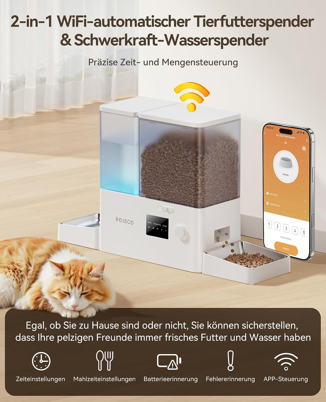ROJECO Futterautomat Katze und Trinkbrunnen 2-in-1 mit APP WiFi Timer 8,5L katzenfutter automat(5L+3