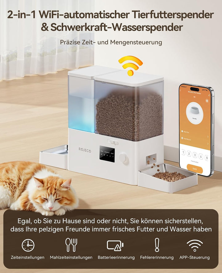ROJECO Futterautomat Katze und Trinkbrunnen 2-in-1 mit APP WiFi Timer 8,5L katzenfutter automat(5L+3