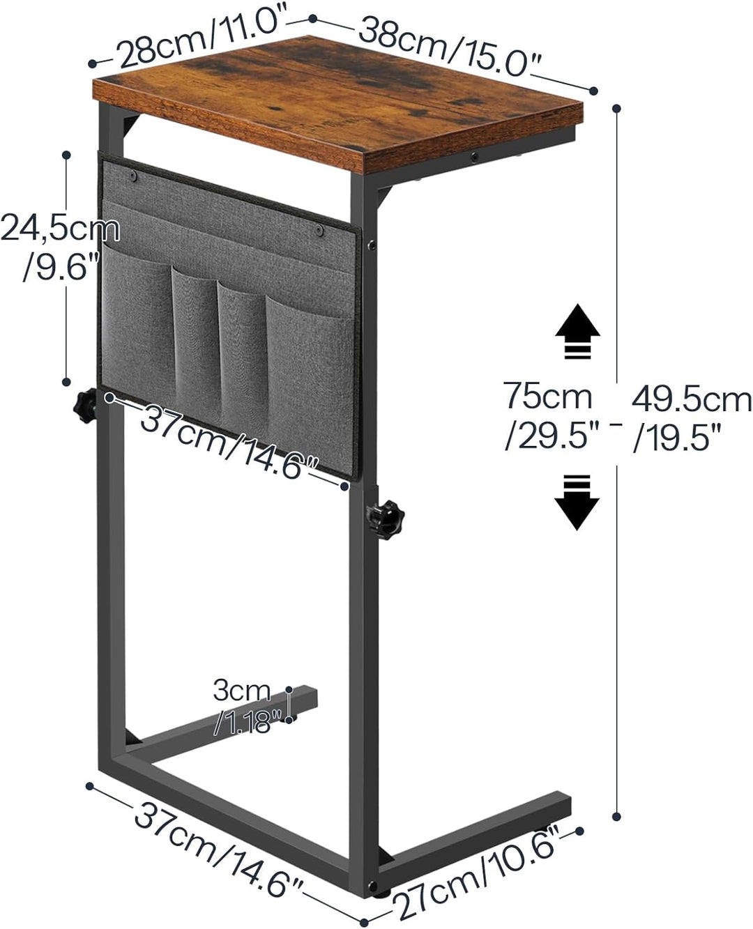 HOOBRO C-Form Beistelltisch, Höhenverstellbar 50–75 cm, Sofatisch, Couchtisch mit 5 Oxford-Stofftasc
