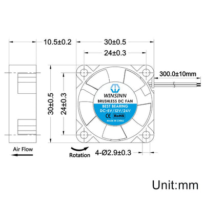 WINSINN 30 mm Lüfter 5 V, 3D-Drucker Micro 5 Volt Lüfter 3010 Doppelkugellager, bürstenlose Kühlung