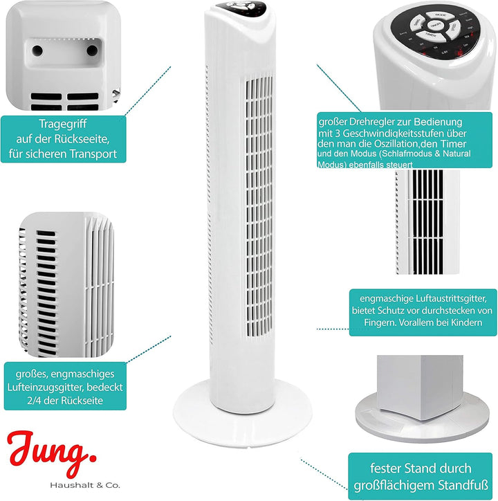 JUNG TVE19 Ventilator mit Fernbedienung 80cm weiss, TÜV geprüft, Sehr Leise Turmventilator mit 7 Std