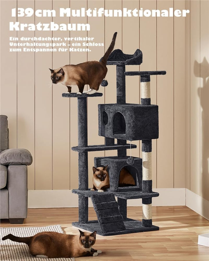 Yaheetech Kratzbaum Kletterbaum 139 cm hoch Katzenkratzbaum, Stabiler Katzenbaum mit 3 Plattformen,