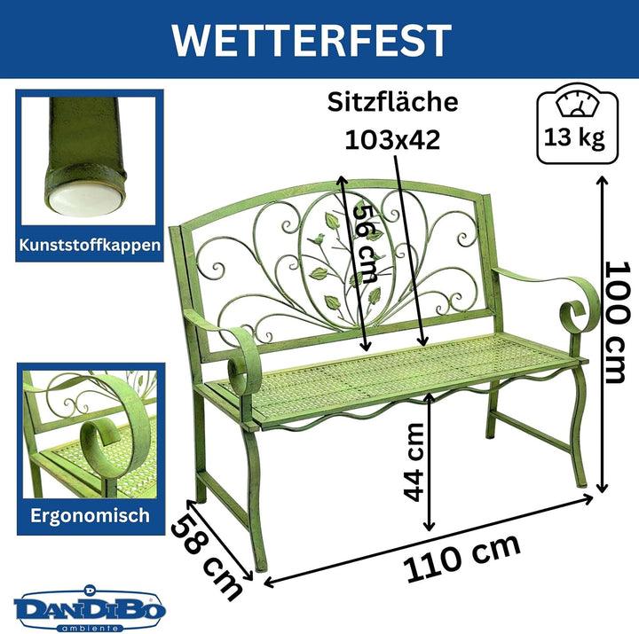 DanDiBo Gartenbank Rossa Wetterfest 2 Sitzer Metall Grün 110 cm 96593 Sitzbank Eisen Bank Garten Ant