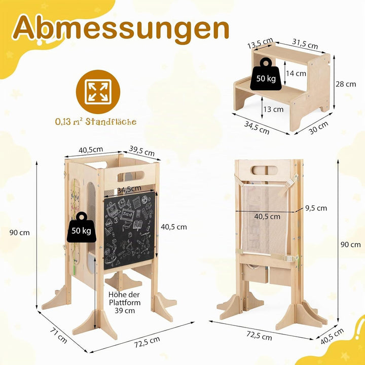 COSTWAY 4 in 1 Lernturm klappbar, Tritthocker aus Holz mit 2-Stufen Hocker, Tafel &amp; abnehmbarem Sich
