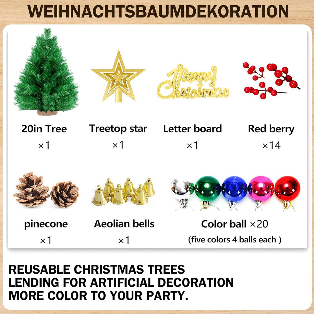 Mini Weihnachtsbaum klein-Künstlich mit 50 DIY Weihnachtsdekoration,60cm Kleiner Weihnachtsbaum Tisc