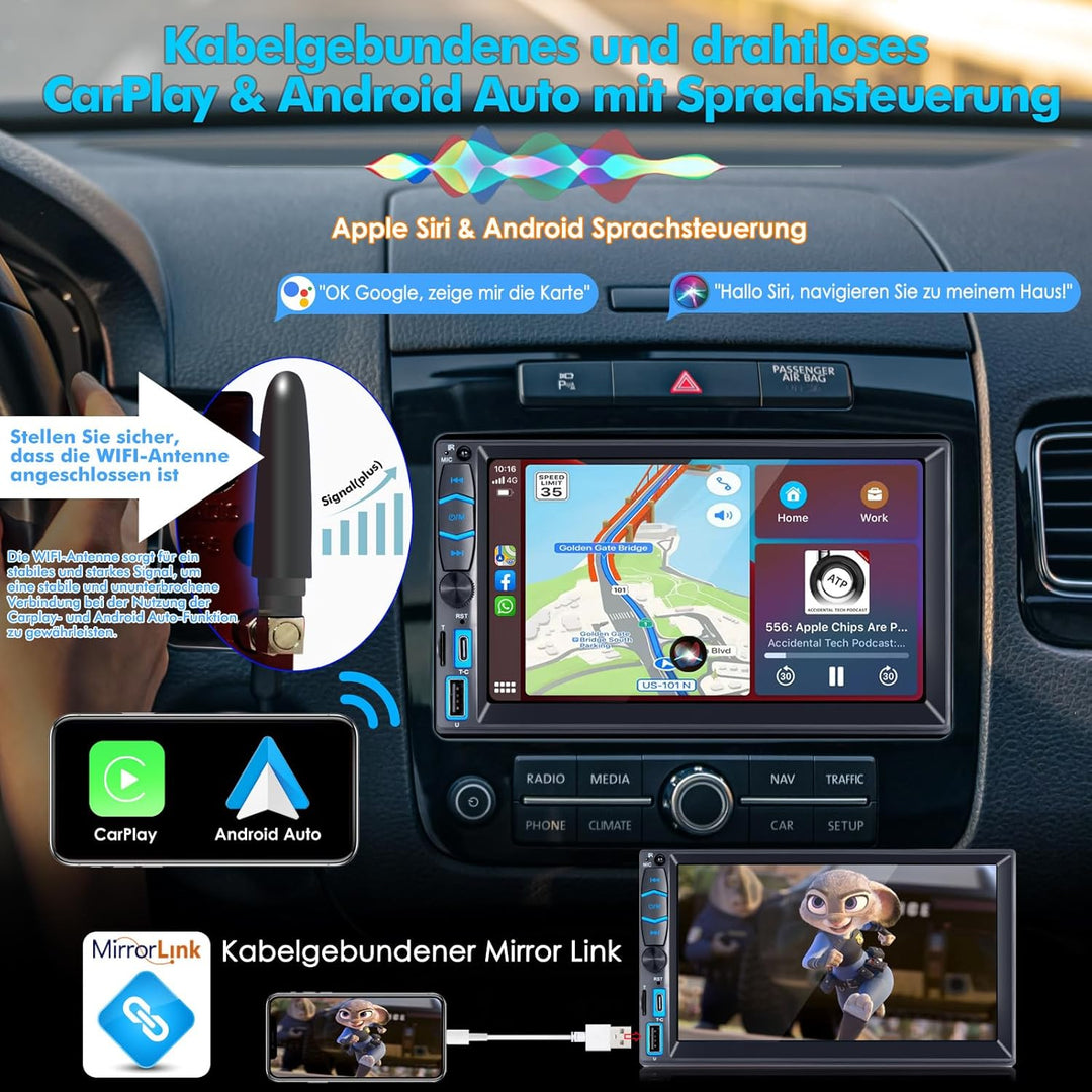 2 Din Radio mit Wireless Carplay und Android Auto Autoradio mit Bildschirm Touchscreen, Bluetooth, A