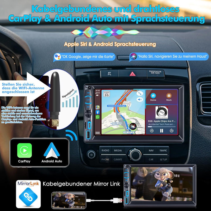 2 Din Radio mit Wireless Carplay und Android Auto Autoradio mit Bildschirm Touchscreen, Bluetooth, A