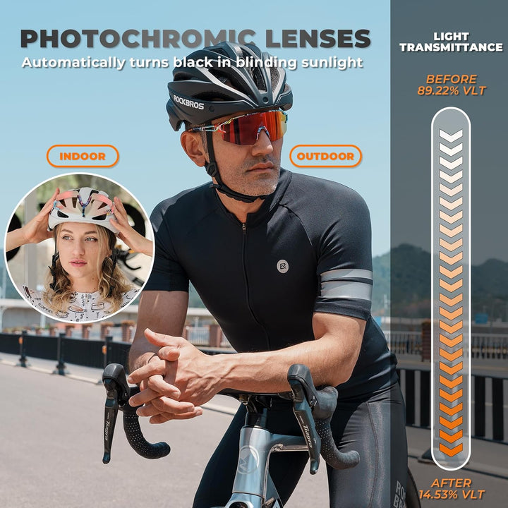 ROCKBROS Fahrradbrille UV 400 Sonnenbrille Photochromatisch Brille Klar Winddicht Sportsbrille für O