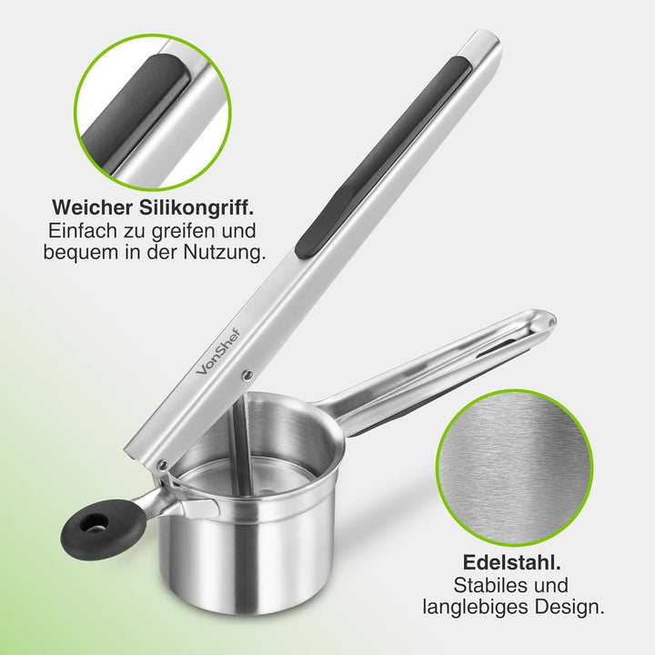 VonShef Kartoffelstampfer – Lebensmittelechte Edelstahl Kartoffelpresse mit Silikongriff – Spülmasch