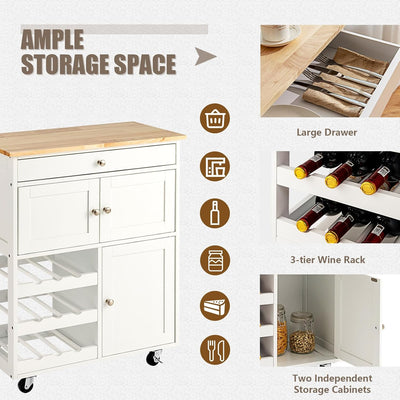 KOMFOTTEU Küchenwagen auf Rollen, Kücheninsel mit Weinregal & 2 Schränke & Schublade, Servierwagen a