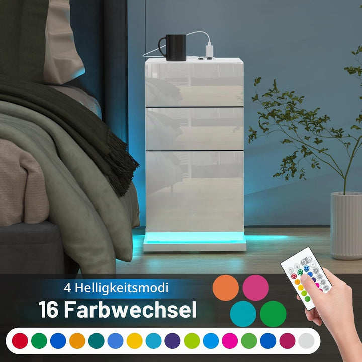 Nachttisch Schmal mit Led, Schmaler Kleiner Nachtschrank mit Steckdose und 3 Schubladen, Nachtkästch