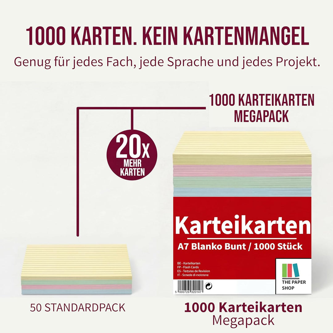 [1000 Stück] Karteikarten A7 Liniert Farbige | Lernkarten A7 Liniert Farbige | Karteikarten Gross (5