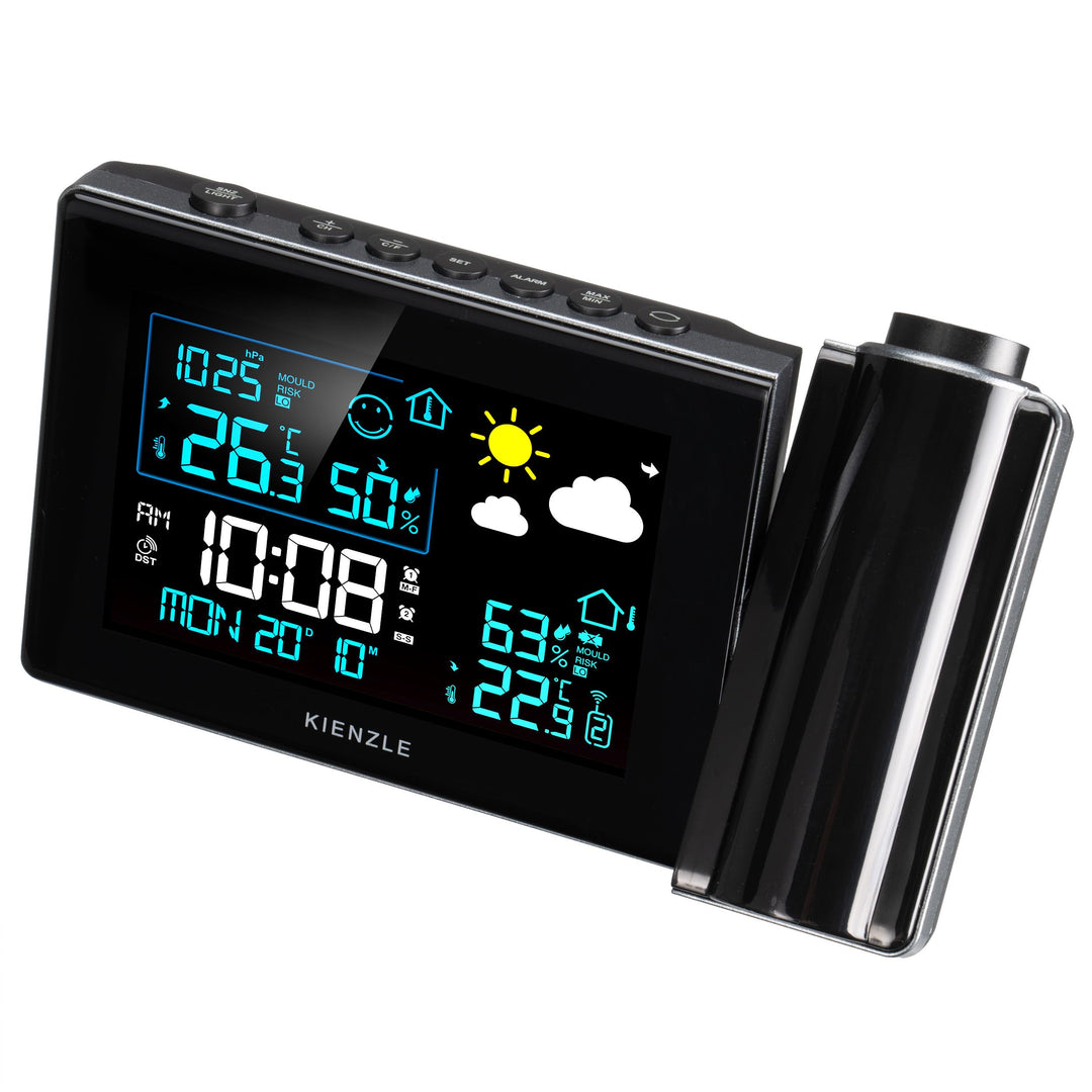 Kienzle Funk-Wetterstation mit Projektion, Farbdisplay, Aussensensor, Schimmelwarnung, 2 Weckzeiten