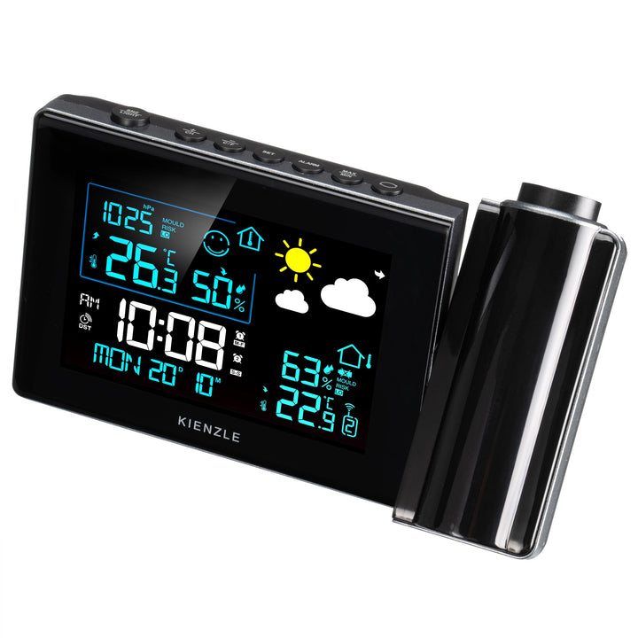 Kienzle Funk-Wetterstation mit Projektion, Farbdisplay, Aussensensor, Schimmelwarnung, 2 Weckzeiten