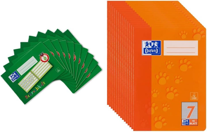 Oxford Schreibheft, A5 quer, Lin. 0 (1. Klasse), 16 Blatt, grün, 10 Stück & Schulheft A5, Lineatur 7