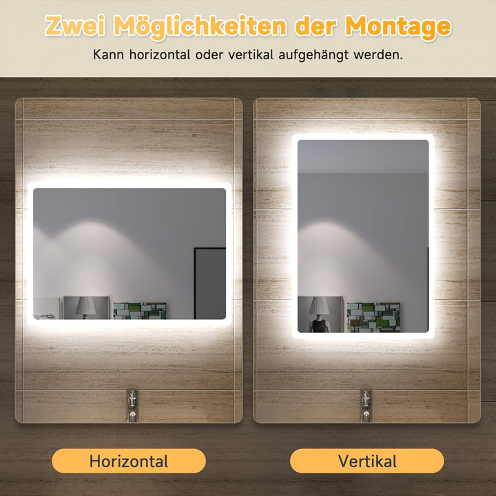SONNI Badspiegel mit Beleuchtung 60 x 40cm LED Badspiegel Wandschalter Badezimmerspiegel Wandspiegel