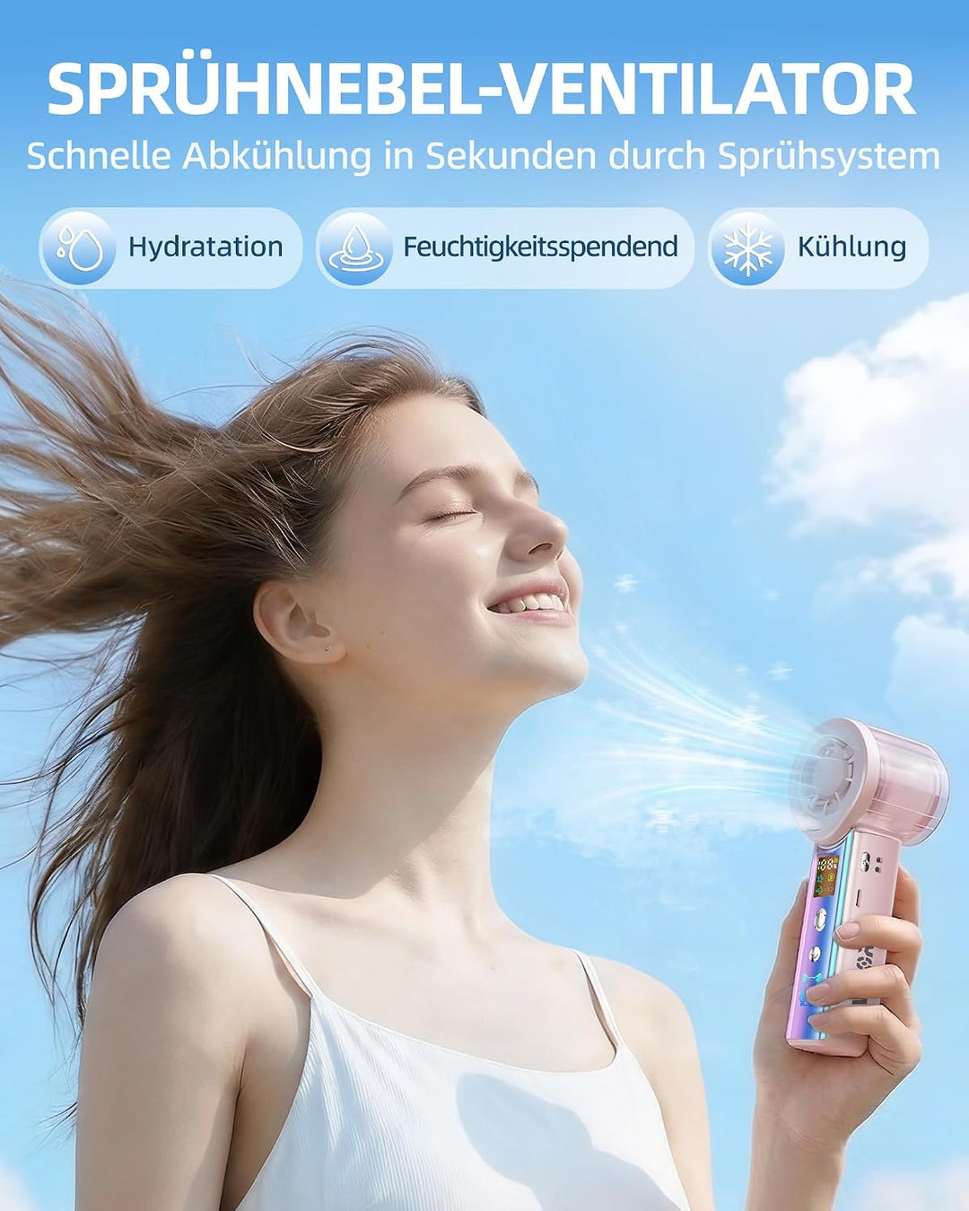 Carehabi Handventilator mit Wasserkühlung, 30000 U/min Mini Ventilator Akku 3000mAh, 1-100 Stufen Tr