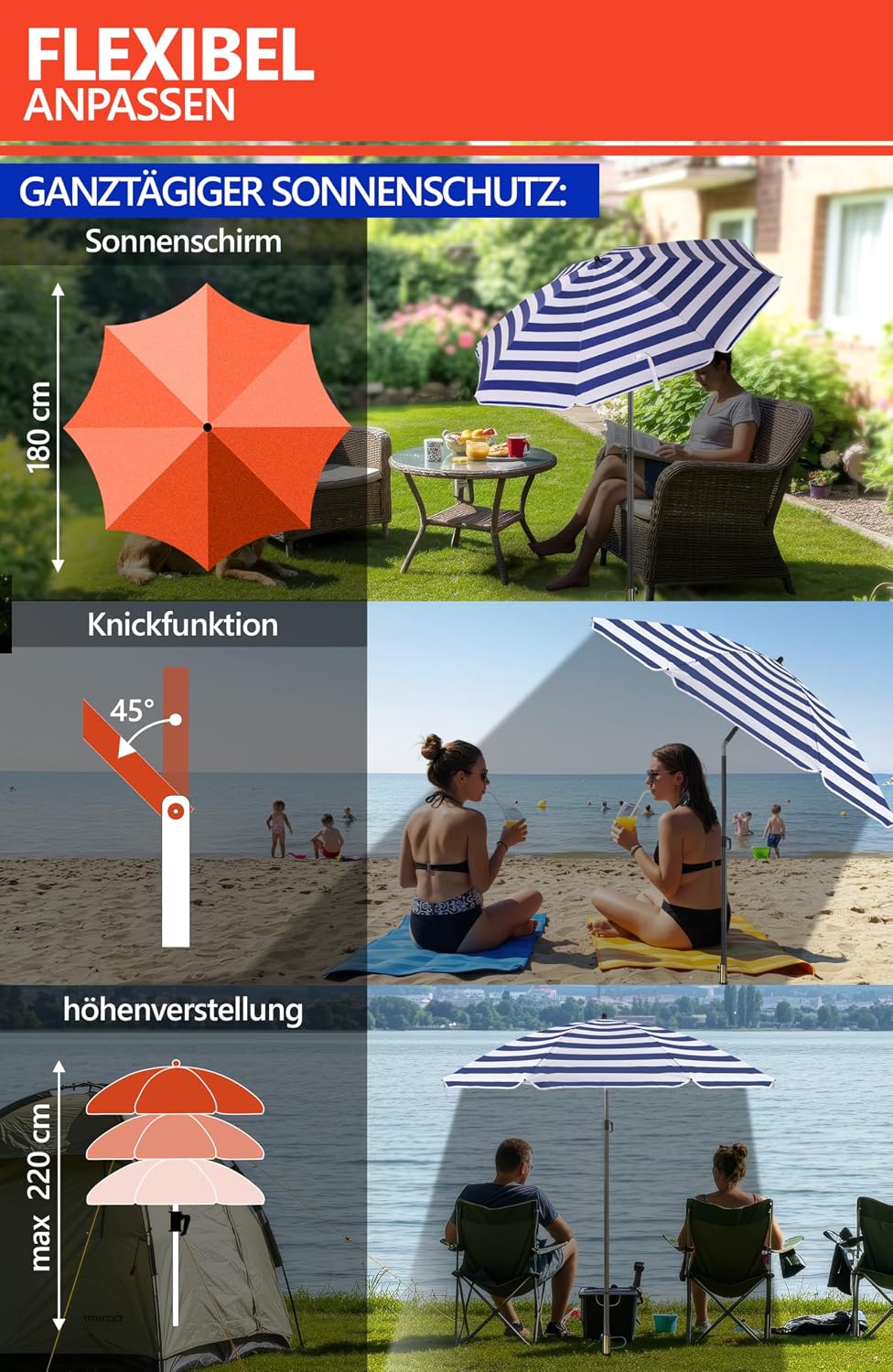 4smile Sonnenschirm Strand SunnyJoy Ø 160 cm, Blau-Weiss – 3er Set inkl. Strandschirm windfest stabi