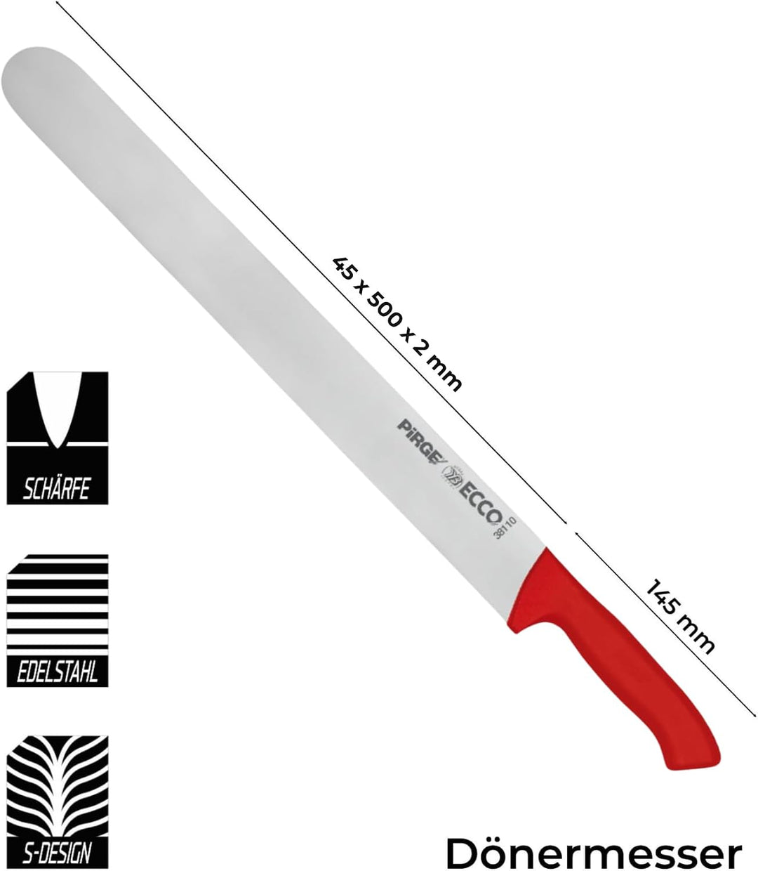 Pirge Ecco Dönermesser 50 cm Rot - Aufschnittmesser - Schärfstes Döner Langmesser - Schneidemesser -