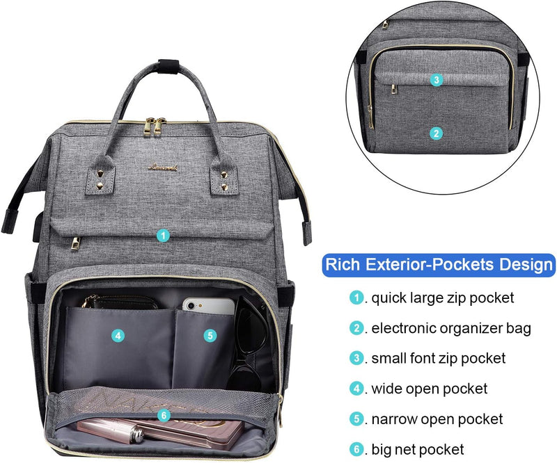 LOVEVOOK Laptop Rucksack Damen 17 Zoll, Wasserdichte Rucksäcke Studenten mit Henkel USB Ladeanschlus