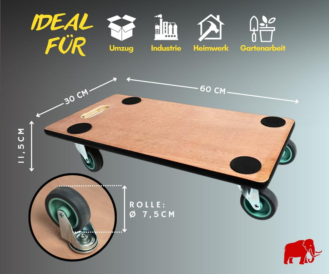 PROREGAL Profi Transportroller Hercules 30x60 cm Schwerlast bis 200 kg mit 4 Gummirollen &amp; Griff, Sp