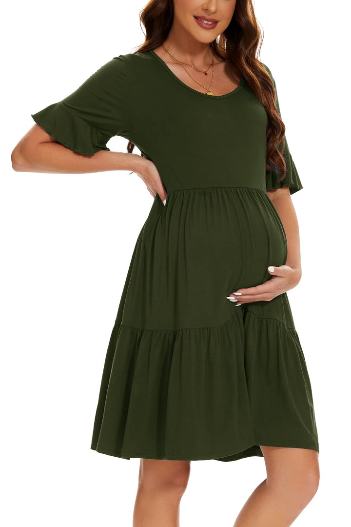 Smallshow Damen Umstandskleid Kurzarm Sommer Schwangerschafts Umstandsmode Kleid S Armeegrün, S Arme