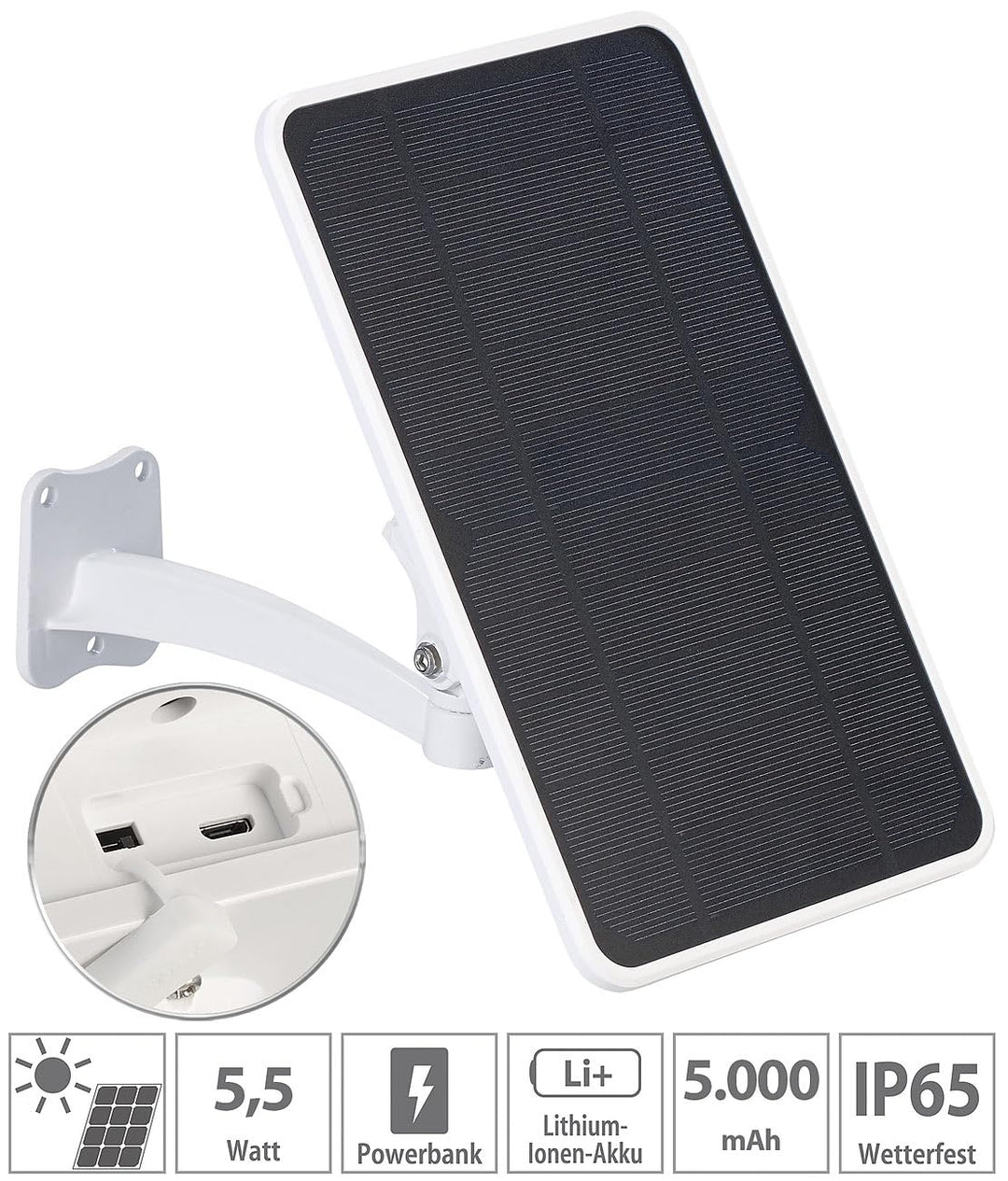 VisorTech Solarpanel 5V mit Akku: 5,5-Watt-Solarpanel mit 5.000-mAh-Powerbank, 5V, für IP-Kameras u.