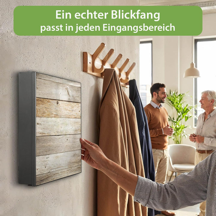 banjado® Grosser Schlüsselkasten Glas/Schlüsselbox 30cm x 30cm mit 50 Haken - Motiv Graues Holz/Schl