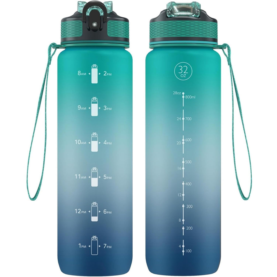 Trinkflasche, 1L Sport-Wasserflasche mit Strohhalm, Zeitmarkierungen, auslaufsicher, BPA-freiTritan,