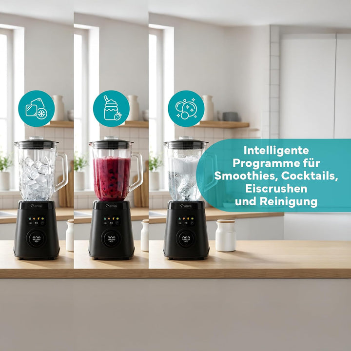 ARIVA Standmixer 1000W mit 1,5L Glasbehälter & Kaffeemühle, Smoothie Maker & Ice Crusher mit LED-Tou