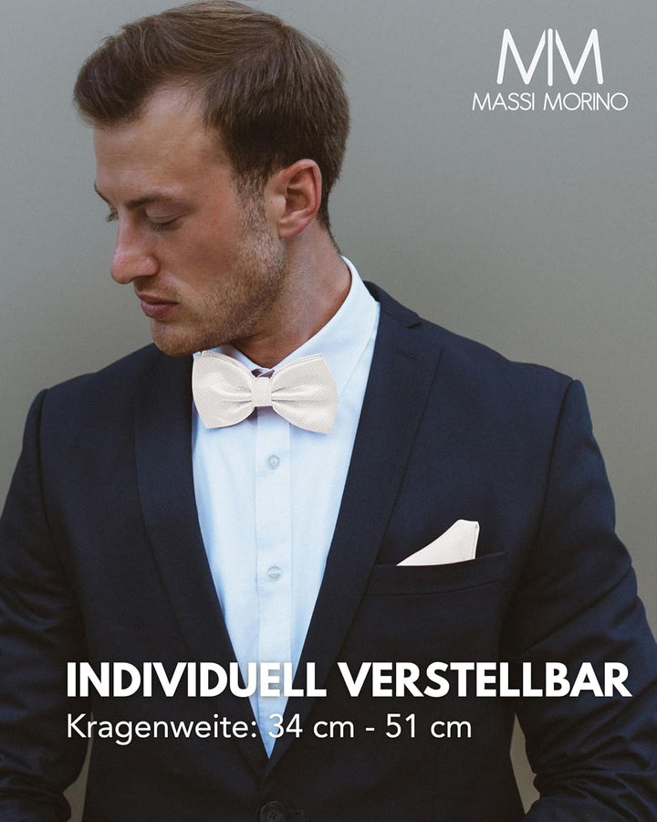 Massi Morino Fliege mit Einstecktuch für Herren Set - Anzug Herrenfliege zur Hochzeit - Verstellbare