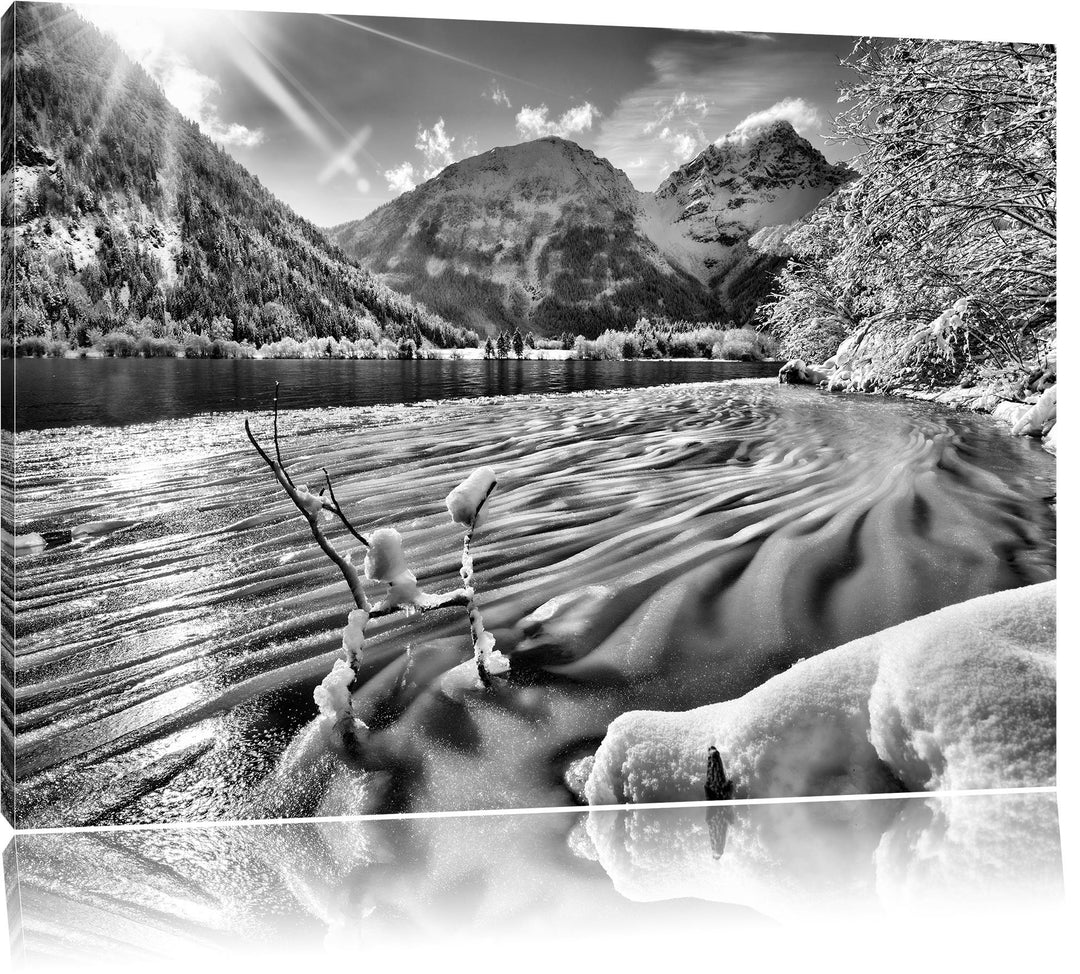 Pixxprint Winterlandschaft See / 100x70cm Leinwandbild bespannt auf Holzrahmen/Wandbild Kunstdruck D