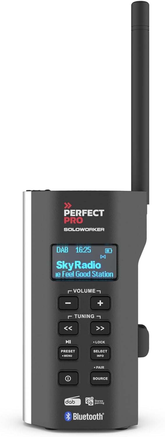PerfectPro Baustellenradio SOLOWORKER, DAB+ und UKW Empfang, Bluetooth, AUX-Eingang, Inklusive Ladeg