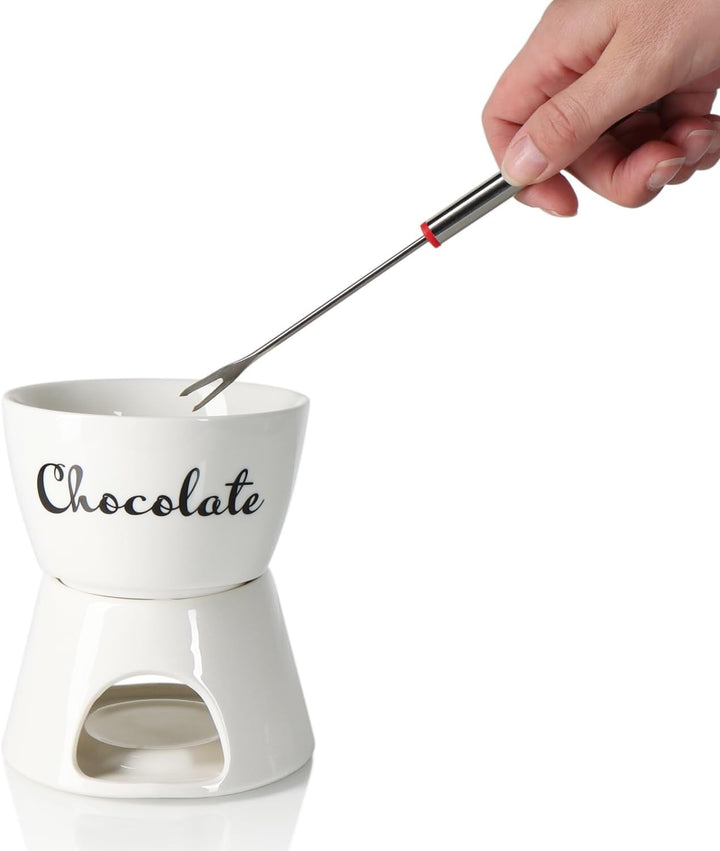 com-four® Schokoladenfondue-Set mit Schriftzug - Schmelztopf für Schokolade und Käse - Keramikschale