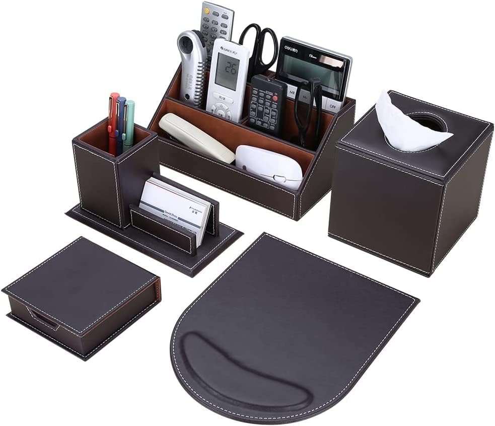 KINGFOM Büro Zubehör Set Braun, 5Pcs PU Leder Schreibtisch Set mit Schreibtisch Organizer, Kosmetikt