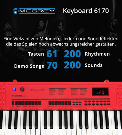 McGrey 6170 RD Akku-Keyboard - 61 Tasten-Keyboard mit integriertem Akku - 200 Klänge und Rhythmen -